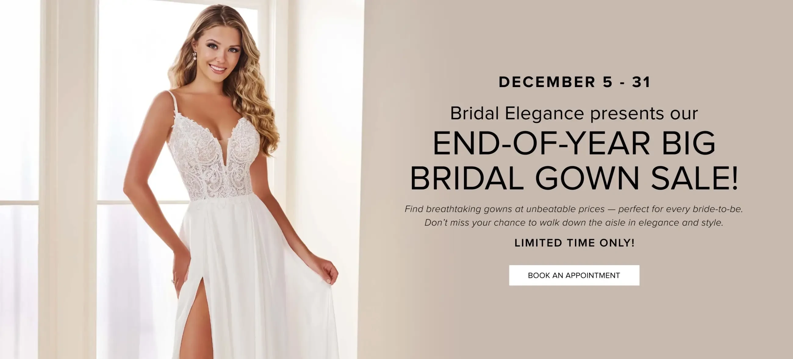 End of Year Big Bridal Gown Sale Desktop Banner